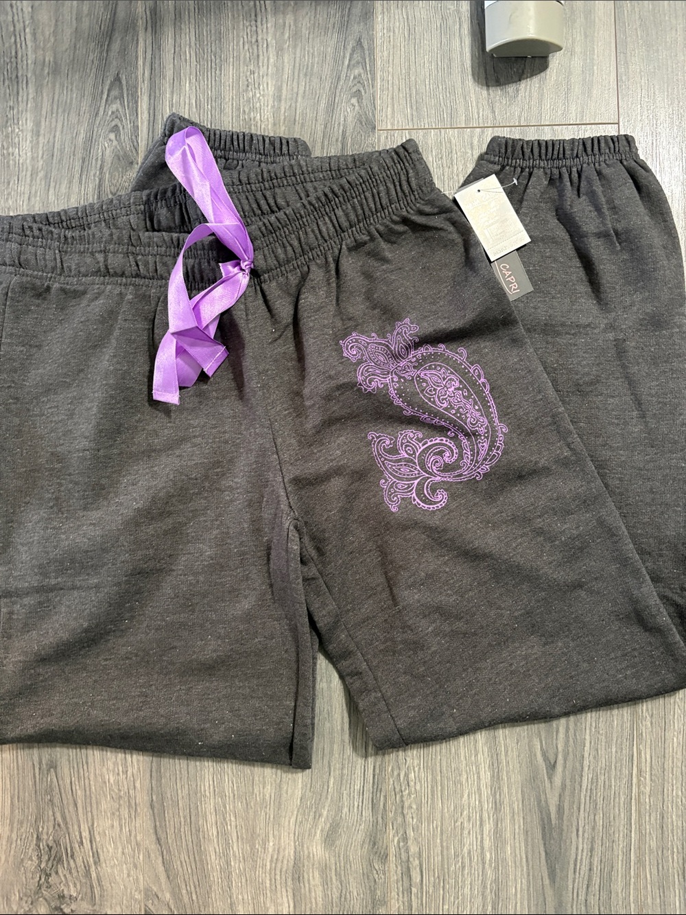 Nina Capri Dark Gray Joggers with Purple Paisley Accent - Picture 5 of 9